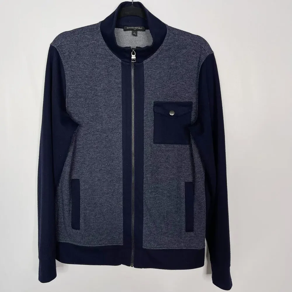 Banana Republic Mens Small S Navy Blue Heathered Full Zip Sweatshirt Pockets